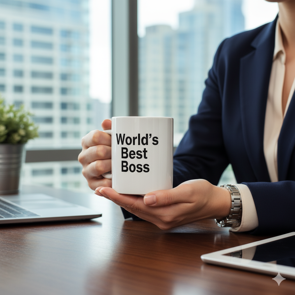 business woman workplace holding a cup that says World's Best Boss
